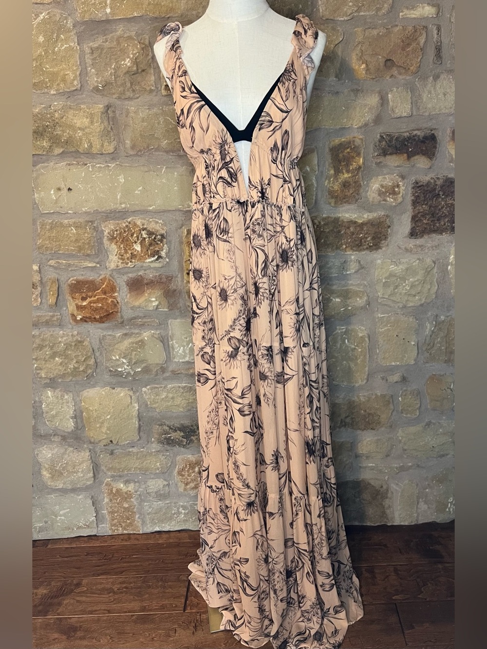 Reiss Floral Maxi Dress Peach Black Plunge V Neck Open Back Size 4, XS
